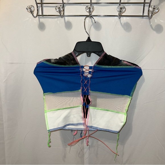 Color It In Colorblock Halter Top - Blue Green Pink Topstitching Distressed - Picture 14 of 16